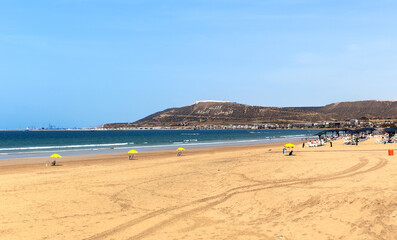 Agadir public beach. Coastal landscape, Morocco, Africa