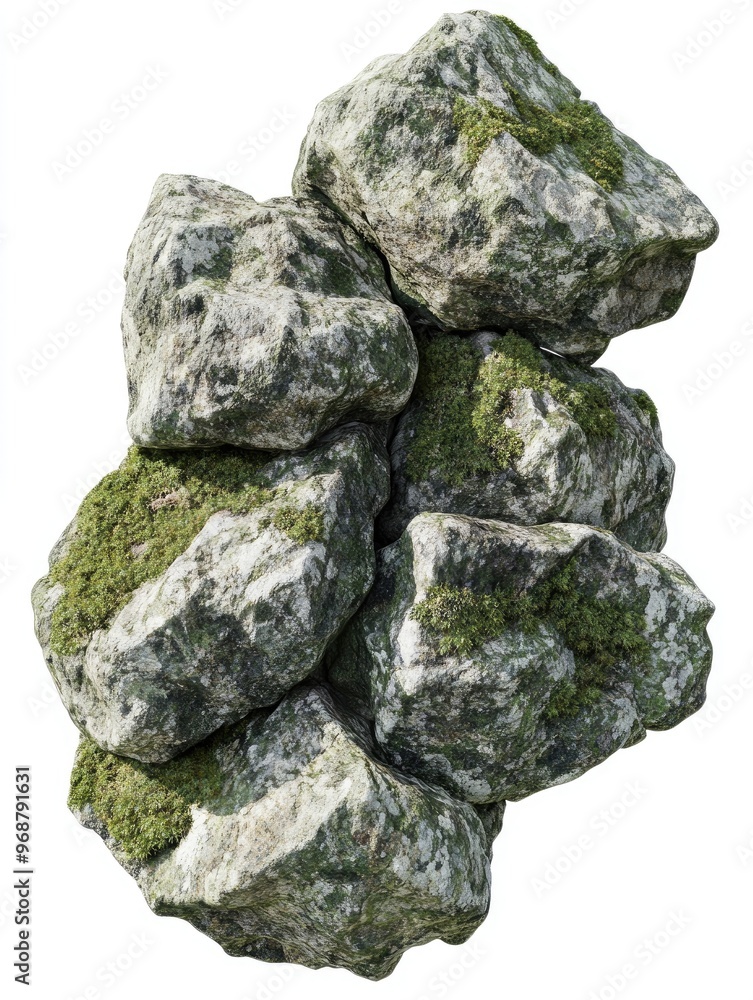 Poster fantasy 3d rendering of rocks covered in moss set against a white background with a clipping path