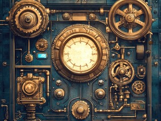 Fototapeta premium Vintage mechanical framework featuring retro elements and gears embodying a steampunk theme Illustrated fantasy engine and machinery in a doodle style with hand drawn features