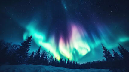 Fototapeta premium The Aurora borealis dances across the sky casting green and purple rays of light, illuminating a natural landscape covered in trees