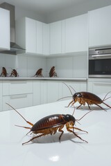 Huge cockroaches in a modern white kitchen, representing the concept of disinfection, pest control, and cleaning to eliminate insects and parasites.