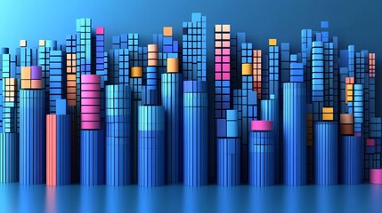 Vibrant abstract city skyline made of colorful geometric shapes and lines, showcasing modern design and artistic creativity.