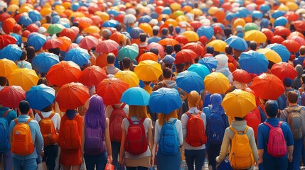 Fototapeta premium Vibrant crowd holding colorful umbrellas, showcasing a festive atmosphere. A lively scene of diversity and togetherness.