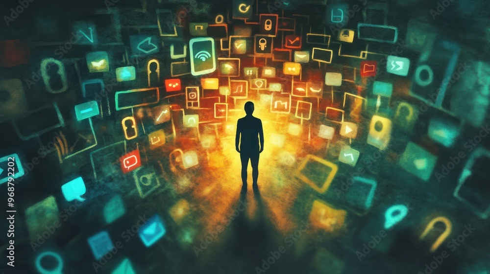Poster a silhouette standing in a labyrinth of abstract digital icons