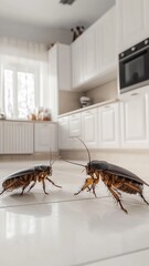 Huge cockroaches in a modern white kitchen, representing the concept of disinfection, pest control, and cleaning to eliminate insects and parasites.