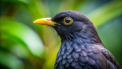 Close-up detailed photograph of a black bird with abundant feathers on its back