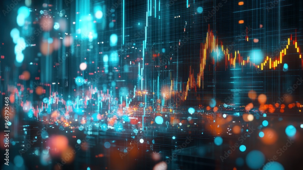 Aufkleber abstract cityscape with neon lights and digital data