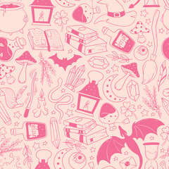 Halloween pink seamless pattern with doodles for wallpaper, wrapping paper, scrapbooking, backgrounds, textile prints, stationary, etc. EPS 10