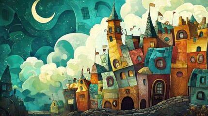 Fantasy themed 2D cartoon template for brochures cards covers and books featuring a patchwork design