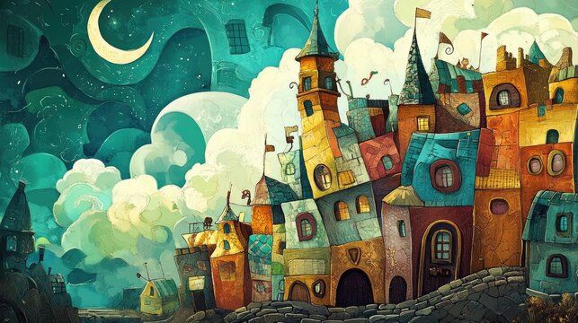 Fantasy themed 2D cartoon template for brochures cards covers and books featuring a patchwork design