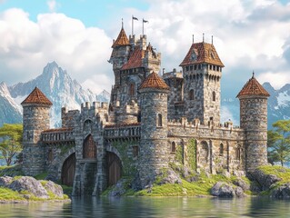 Fototapeta premium Fantasy inspired medieval castle in a 3D digital illustration
