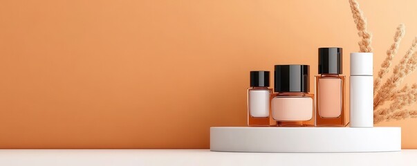 Elegant collection of cosmetic bottles on a stylish display against a warm orange backdrop