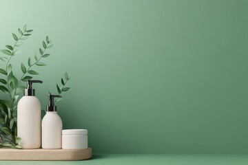Minimalistic display of skincare bottles and natural elements on a soft green background