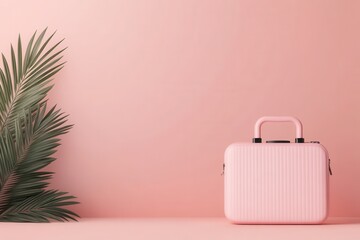 Stylish pink travel bag beside lush green palm leaves against a soft pink background