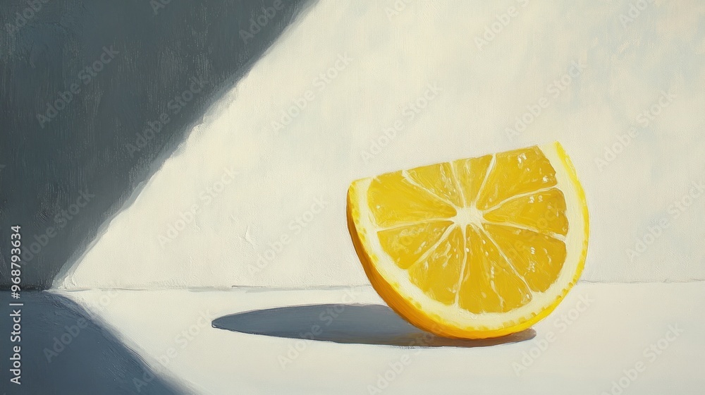 Poster a single lemon slice against a white and gray background