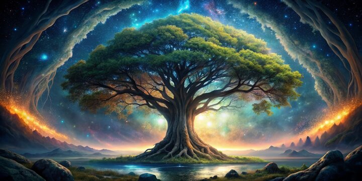 "Giant ash tree Yggdrasil grows in nine worlds, roots grasping Niflheim, trunk supporting Bifrost Bridge, branches reaching for stars and mortals"