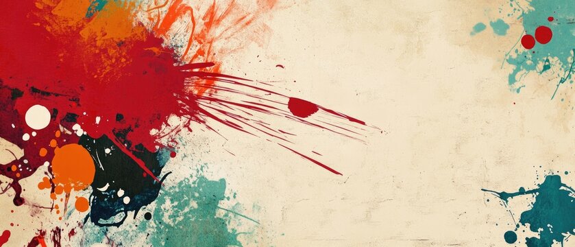 Abstract artistic design featuring a blood red invitation card with beige tones and vibrant graffiti A colorful mix of grunge doodles on a contemporary paper background