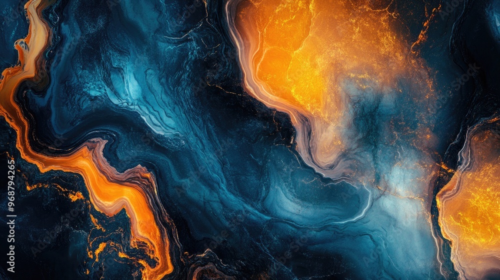 Poster vibrant blue and orange marble texture with an abstract design fantasy fractal backdrop created thro
