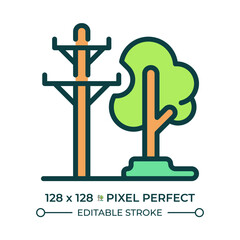 Power lines and trees RGB color icon. Electrical safety. Vegetation management. Utility pole. Urban planning. Isolated vector illustration. Simple filled line drawing. Editable stroke © IMG visuals icons