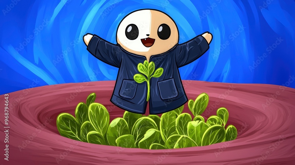 Poster Cute Cartoon Character Holding A Plant