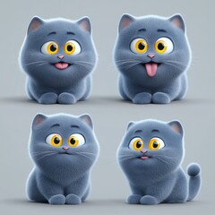 Fototapeta premium Adorable Gray Cartoon Kittens with Various Expressions in a Fun Grid Layout