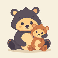 A bear is holding a small bear in its arms. The bear is wearing a black jacket