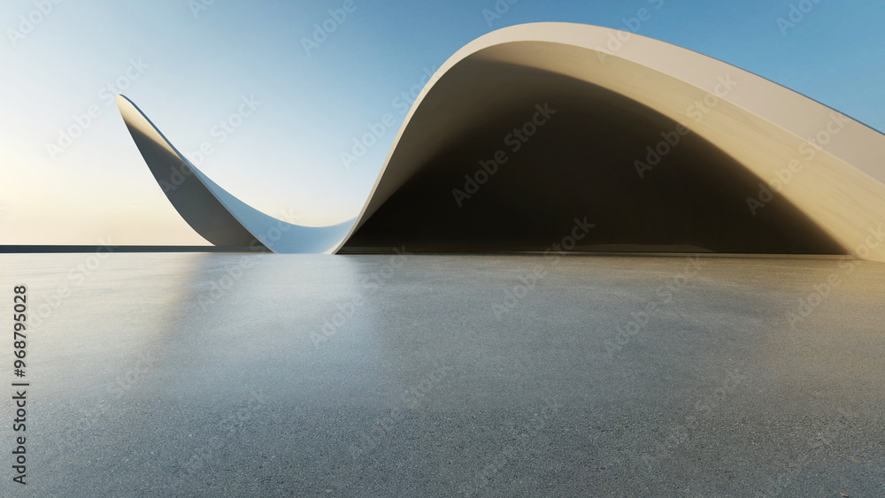 Poster 3d render of abstract curve structure futuristic architecture with empty concrete floor