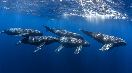 Fototapeta premium A pod of four humpback whales swim in a line, with the sun shining down from above.