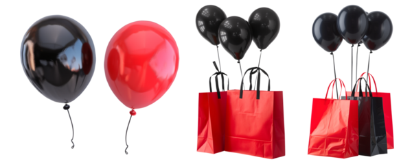 Set of isolated blank red shopping bags with balloons on a transparent background for Black Friday sales events.