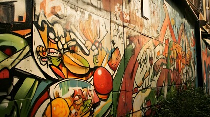 A graffiti-covered wall with a mural depicting a fusion food scene