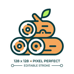 Fototapeta premium Logging RGB color icon. Tree cutting. Timber wood. Forest management. Wood harvest, processing and production. Isolated vector illustration. Simple filled line drawing. Editable stroke