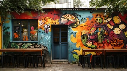 Naklejka premium A graffiti-covered wall with a mural depicting a fusion food scene