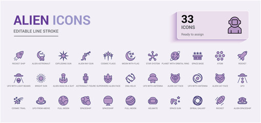 Alien colorful icons collections. Containing space gun, Martian, creature, Outline icon collection for web and ui. Vector illustration. Icon names are written in English.