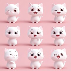 Obraz premium Charming White Cartoon Cat Expressions in a Playful Grid Layout