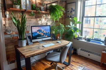 Fototapeta premium Minimalist Scandinavian desk setup with iMac, digital clock, and vibrant green plants. Neutral beige and grey tones with wooden flooring and bright natural light.
