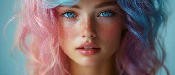 Obraz premium Close-up Portrait of a Woman with Pink and Blue Hair