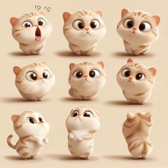 Fototapeta premium Charming White Cartoon Cat Expressions in a Playful Grid Layout