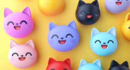 Fototapeta premium Cute and Colorful Cartoon Cat Characters with Smiling Faces on a Bright Background