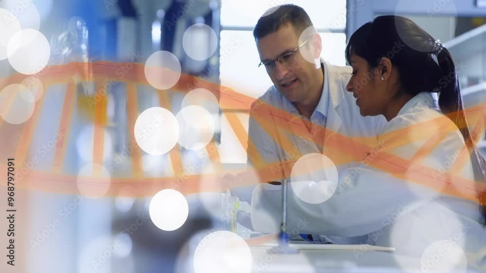 Poster animation of dna strand, scientific data processing over diverse scientists in laboratory