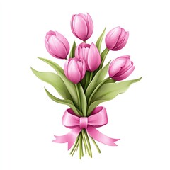 Obraz premium Pink tulip bouquet clipart, breast cancer awareness symbol, watercolor illustration, crisp lines, pink flowers, isolated on white background