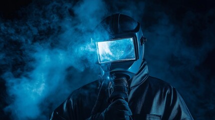 Modern underwater welder in action amidst a cloud of blue smoke