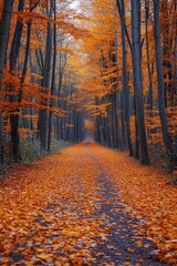 Obraz premium Forest path covered with fallen leaves leading through autumn trees