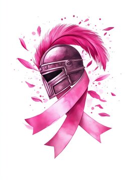 recommend clip art: Breast cancer warrior symbol clipart, watercolor illustration, sharp outlines, pink ribbon with warrior helmet, isolated on white background
