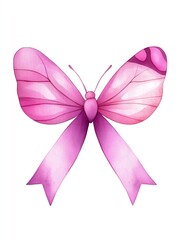Pink awareness ribbon with butterfly wings clipart, watercolor illustration, defined edges, symbol of hope, isolated on white background