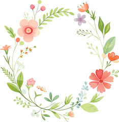 Watercolor floral wreath with tiny cute flower. Abstract round frame with flowers and leaves