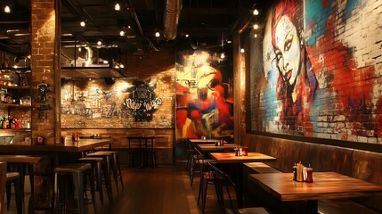 A modern, urban restaurant interior with graffiti art on the walls, exposed brick, and a mix of high-top tables and booths