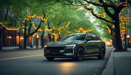 On a city street, a modern car is parked in a place shaded by green trees, with lights faintly...