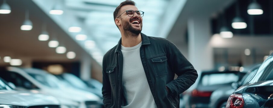 Joyful man takes a victory lap in his new car, showcasing happiness and satisfaction through a bright and cheerful smile in a sunlit setting.