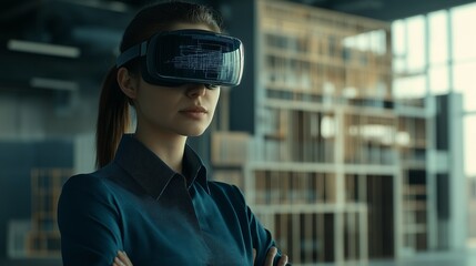 Female virtual reality architect working in a modern office environment