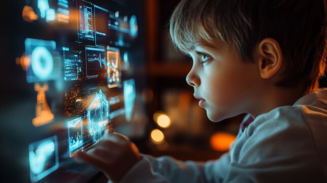 E-leaning concept. child in an online tutoring session, advanced digital tools on screen, bright and modern interface, child deeply engaged in the lesson.